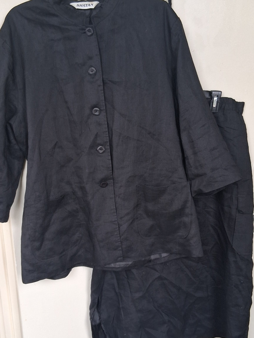 Shayan Black Button-Front Linen Blazer and Skirt Suit